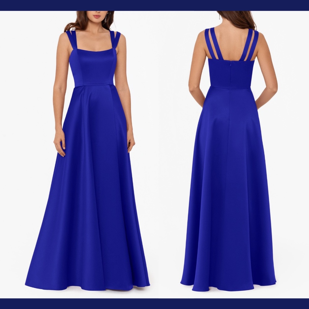 NWT $259 Xscape Double Strap Satin Ball Gown in Royal Blue [PETITE‎ SZ 12P ]